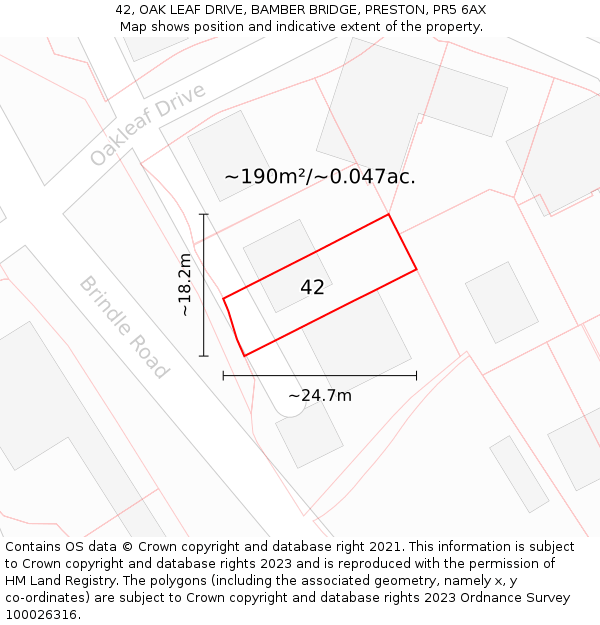 42, OAK LEAF DRIVE, BAMBER BRIDGE, PRESTON, PR5 6AX: Plot and title map
