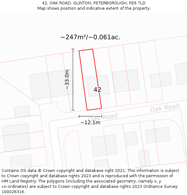42, OAK ROAD, GLINTON, PETERBOROUGH, PE6 7LD: Plot and title map