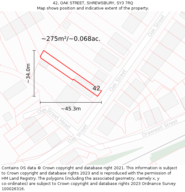 42, OAK STREET, SHREWSBURY, SY3 7RQ: Plot and title map