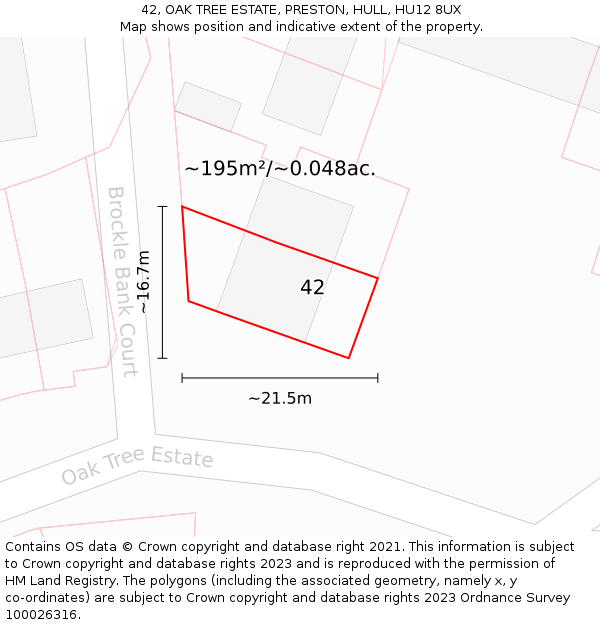 42, OAK TREE ESTATE, PRESTON, HULL, HU12 8UX: Plot and title map
