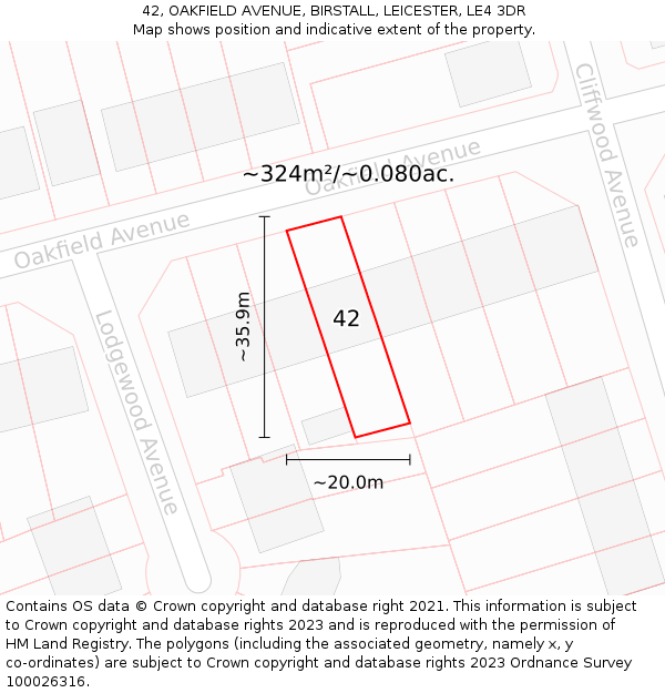 42, OAKFIELD AVENUE, BIRSTALL, LEICESTER, LE4 3DR: Plot and title map
