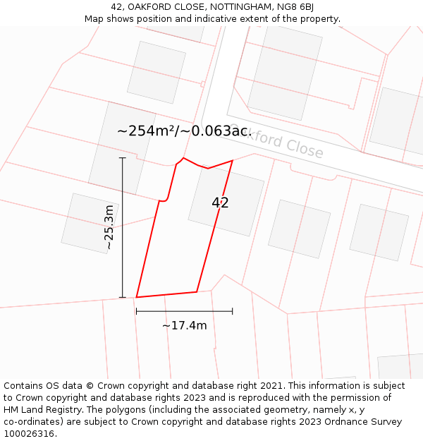 42, OAKFORD CLOSE, NOTTINGHAM, NG8 6BJ: Plot and title map