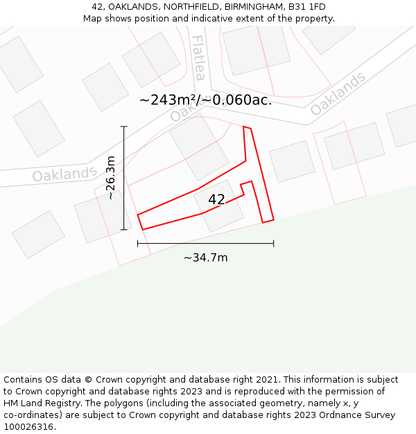 42, OAKLANDS, NORTHFIELD, BIRMINGHAM, B31 1FD: Plot and title map