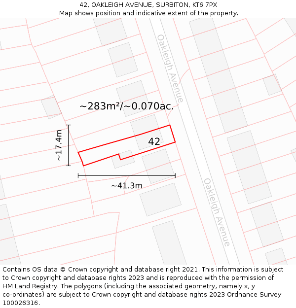 42, OAKLEIGH AVENUE, SURBITON, KT6 7PX: Plot and title map