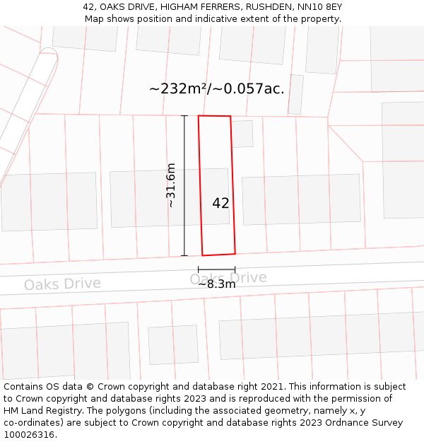 42, OAKS DRIVE, HIGHAM FERRERS, RUSHDEN, NN10 8EY: Plot and title map