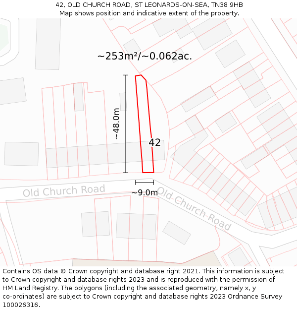 42, OLD CHURCH ROAD, ST LEONARDS-ON-SEA, TN38 9HB: Plot and title map