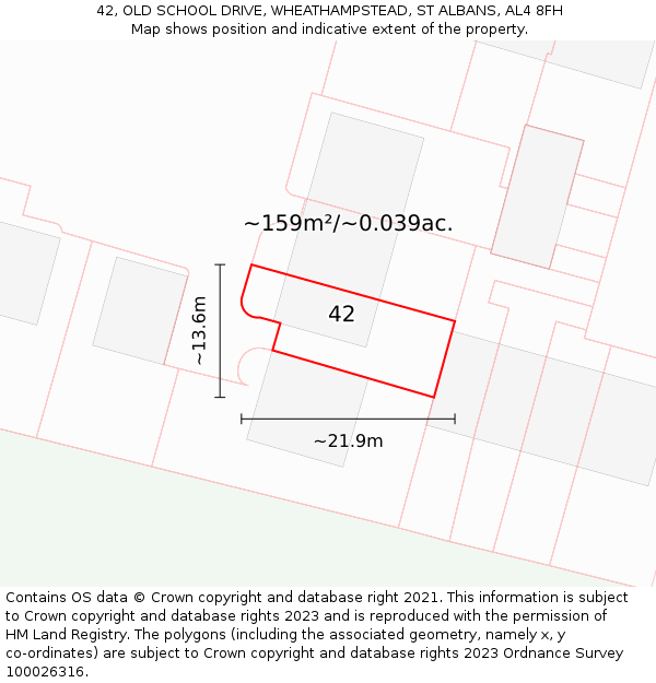 42, OLD SCHOOL DRIVE, WHEATHAMPSTEAD, ST ALBANS, AL4 8FH: Plot and title map