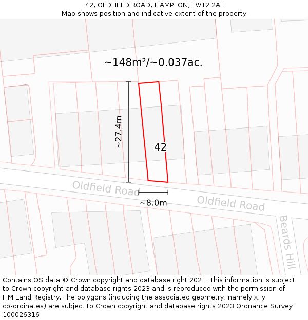 42, OLDFIELD ROAD, HAMPTON, TW12 2AE: Plot and title map