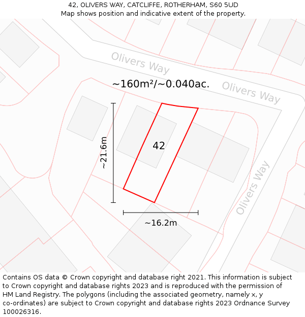 42, OLIVERS WAY, CATCLIFFE, ROTHERHAM, S60 5UD: Plot and title map