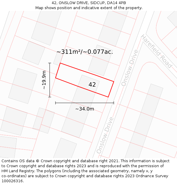 42, ONSLOW DRIVE, SIDCUP, DA14 4PB: Plot and title map