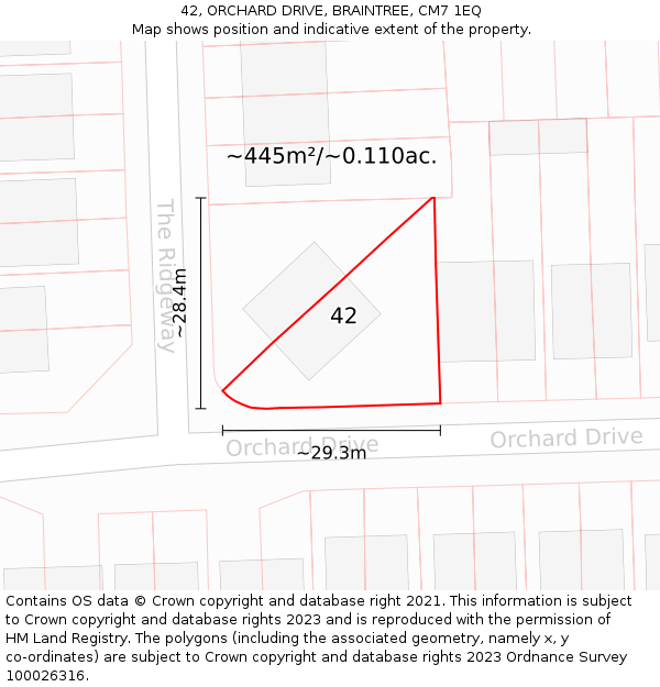 42, ORCHARD DRIVE, BRAINTREE, CM7 1EQ: Plot and title map