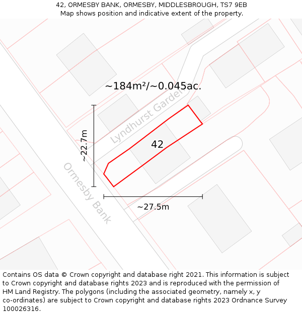 42, ORMESBY BANK, ORMESBY, MIDDLESBROUGH, TS7 9EB: Plot and title map