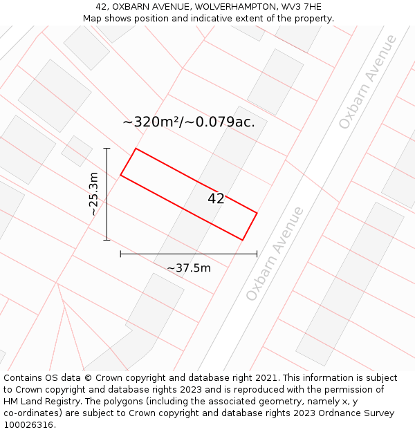 42, OXBARN AVENUE, WOLVERHAMPTON, WV3 7HE: Plot and title map