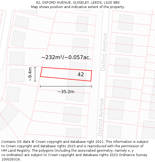 42, OXFORD AVENUE, GUISELEY, LEEDS, LS20 9BX: Plot and title map