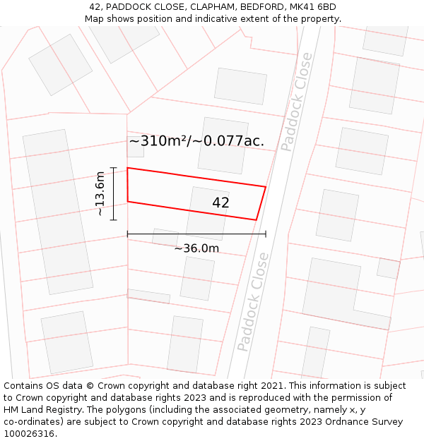 42, PADDOCK CLOSE, CLAPHAM, BEDFORD, MK41 6BD: Plot and title map