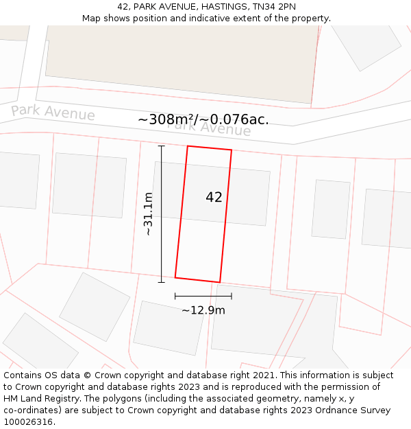 42, PARK AVENUE, HASTINGS, TN34 2PN: Plot and title map