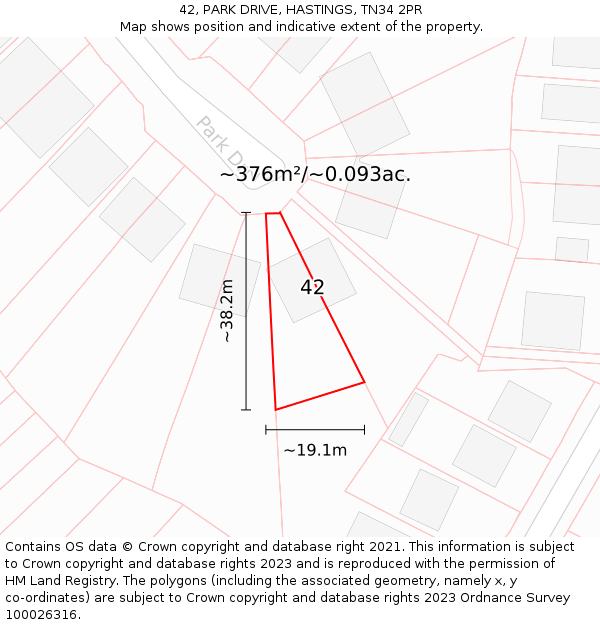 42, PARK DRIVE, HASTINGS, TN34 2PR: Plot and title map
