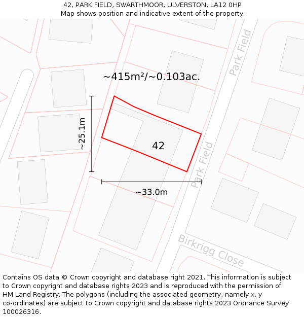 42, PARK FIELD, SWARTHMOOR, ULVERSTON, LA12 0HP: Plot and title map