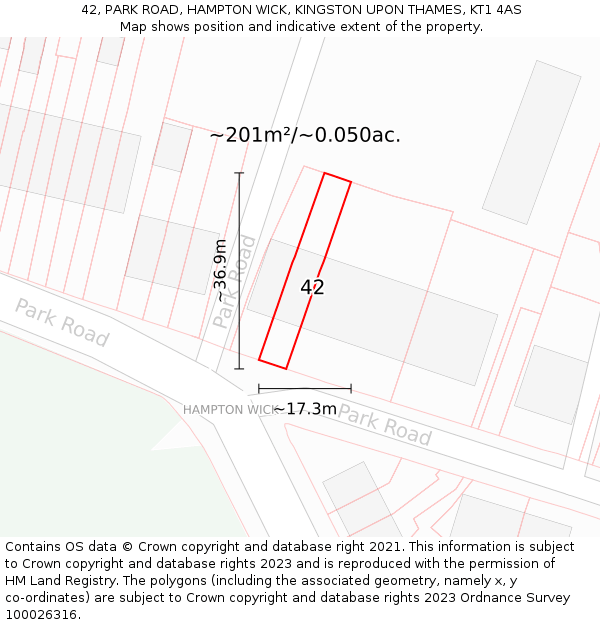 42, PARK ROAD, HAMPTON WICK, KINGSTON UPON THAMES, KT1 4AS: Plot and title map