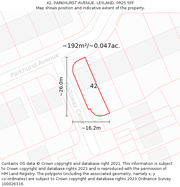 42, PARKHURST AVENUE, LEYLAND, PR25 5PF: Plot and title map