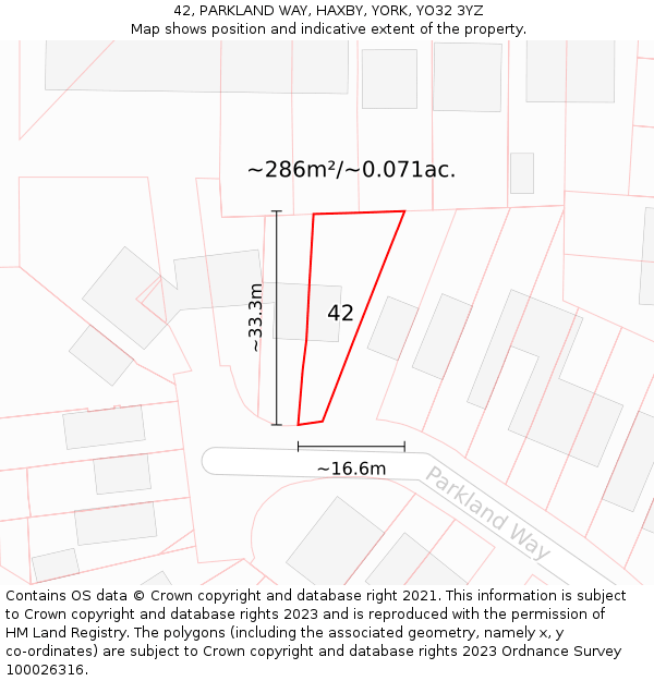 42, PARKLAND WAY, HAXBY, YORK, YO32 3YZ: Plot and title map