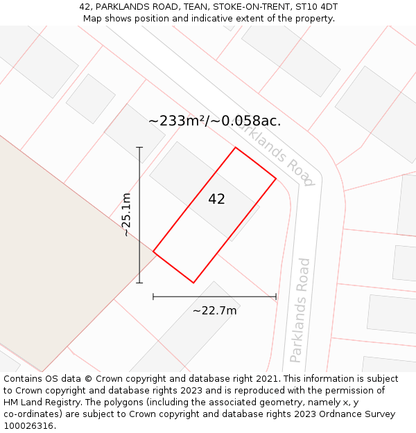 42, PARKLANDS ROAD, TEAN, STOKE-ON-TRENT, ST10 4DT: Plot and title map
