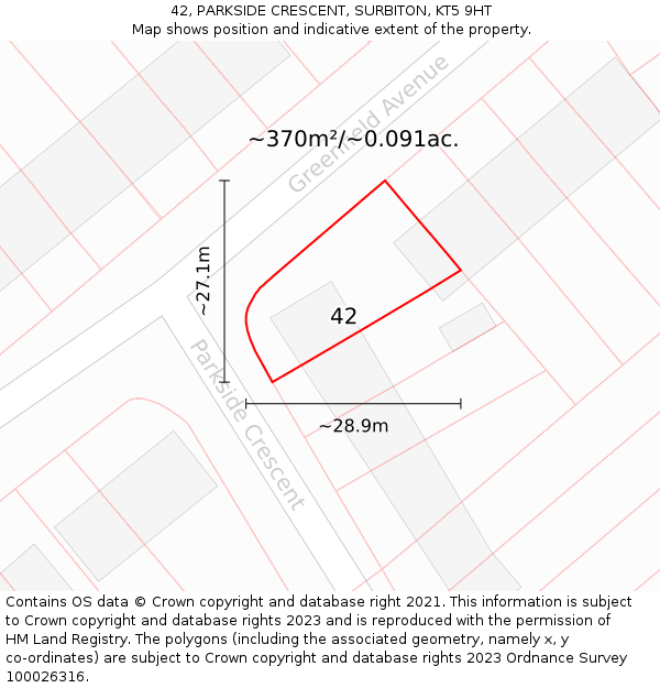 42, PARKSIDE CRESCENT, SURBITON, KT5 9HT: Plot and title map