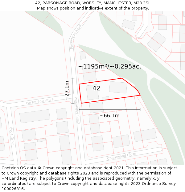 42, PARSONAGE ROAD, WORSLEY, MANCHESTER, M28 3SL: Plot and title map