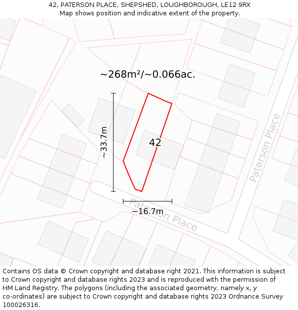 42, PATERSON PLACE, SHEPSHED, LOUGHBOROUGH, LE12 9RX: Plot and title map