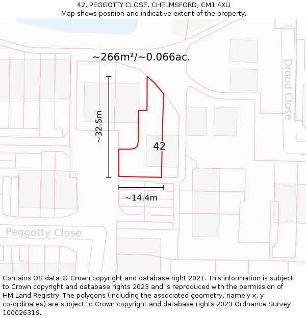 42, PEGGOTTY CLOSE, CHELMSFORD, CM1 4XU: Plot and title map