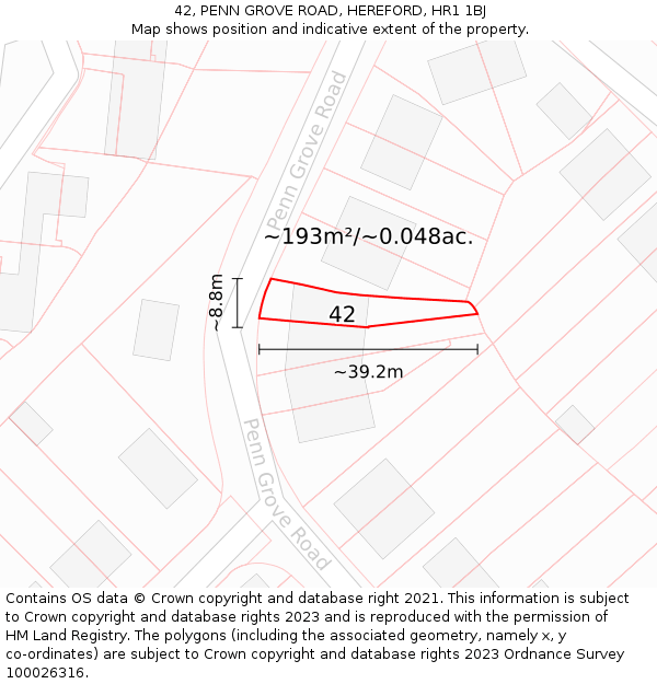 42, PENN GROVE ROAD, HEREFORD, HR1 1BJ: Plot and title map