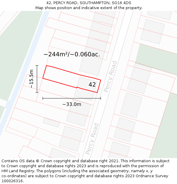 42, PERCY ROAD, SOUTHAMPTON, SO16 4DS: Plot and title map