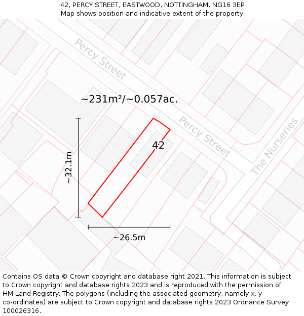 42, PERCY STREET, EASTWOOD, NOTTINGHAM, NG16 3EP: Plot and title map