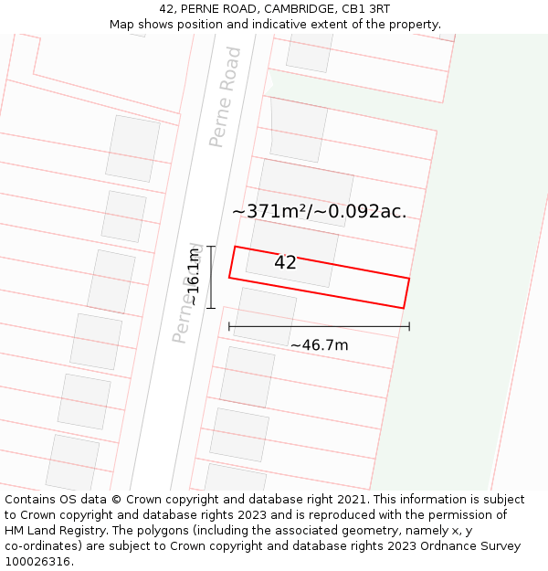 42, PERNE ROAD, CAMBRIDGE, CB1 3RT: Plot and title map