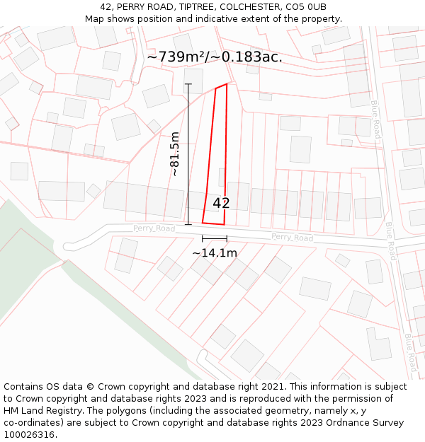 42, PERRY ROAD, TIPTREE, COLCHESTER, CO5 0UB: Plot and title map