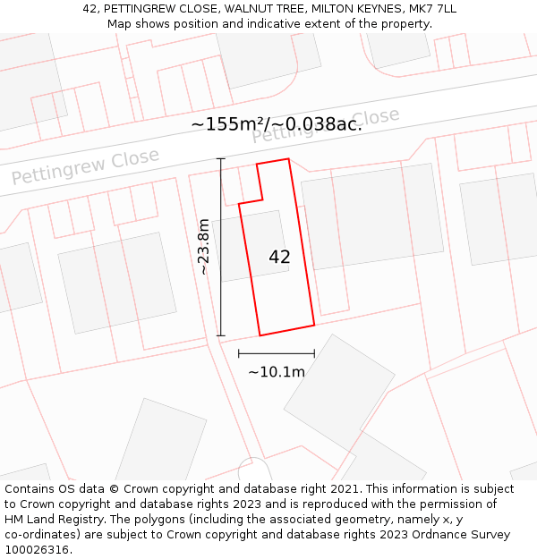 42, PETTINGREW CLOSE, WALNUT TREE, MILTON KEYNES, MK7 7LL: Plot and title map