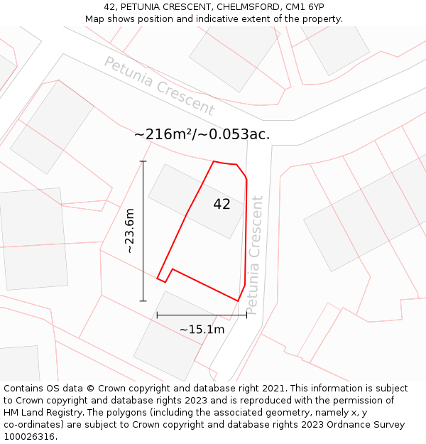 42, PETUNIA CRESCENT, CHELMSFORD, CM1 6YP: Plot and title map