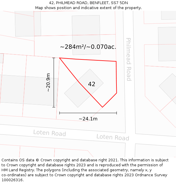 42, PHILMEAD ROAD, BENFLEET, SS7 5DN: Plot and title map
