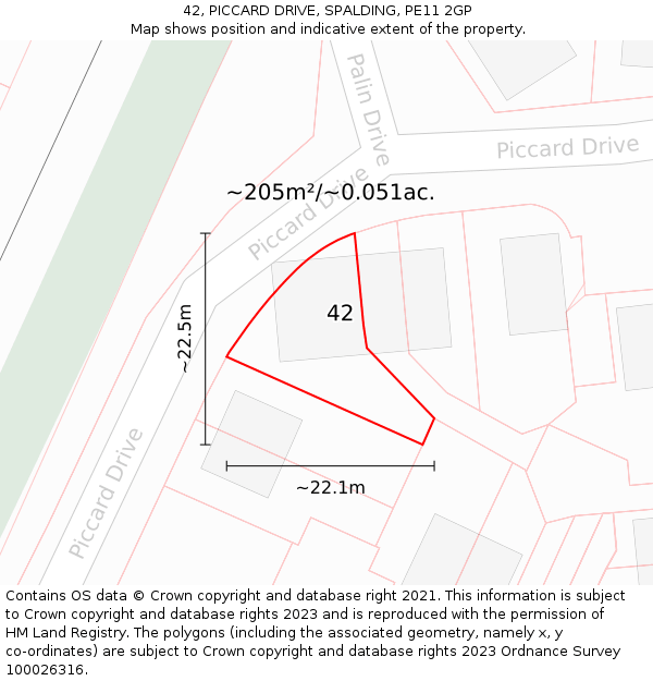 42, PICCARD DRIVE, SPALDING, PE11 2GP: Plot and title map