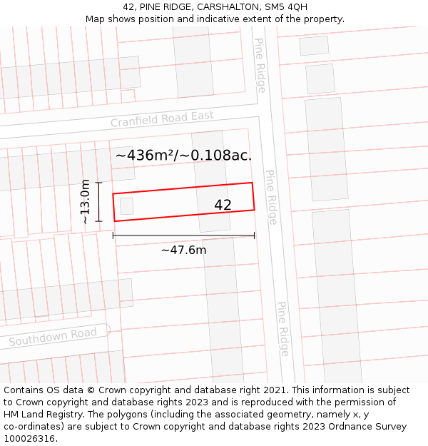 42, PINE RIDGE, CARSHALTON, SM5 4QH: Plot and title map