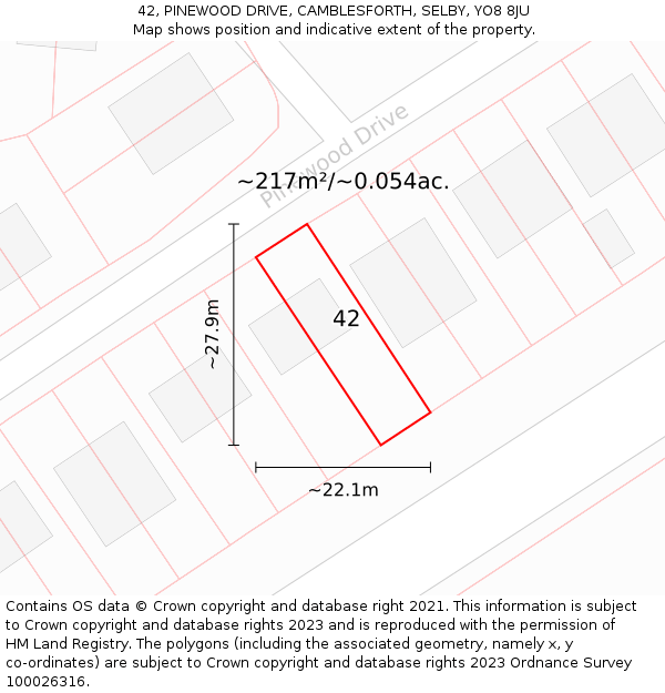 42, PINEWOOD DRIVE, CAMBLESFORTH, SELBY, YO8 8JU: Plot and title map