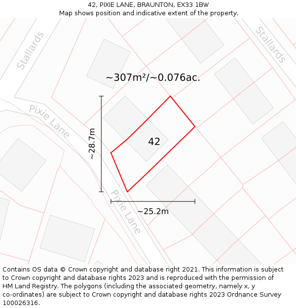 42, PIXIE LANE, BRAUNTON, EX33 1BW: Plot and title map