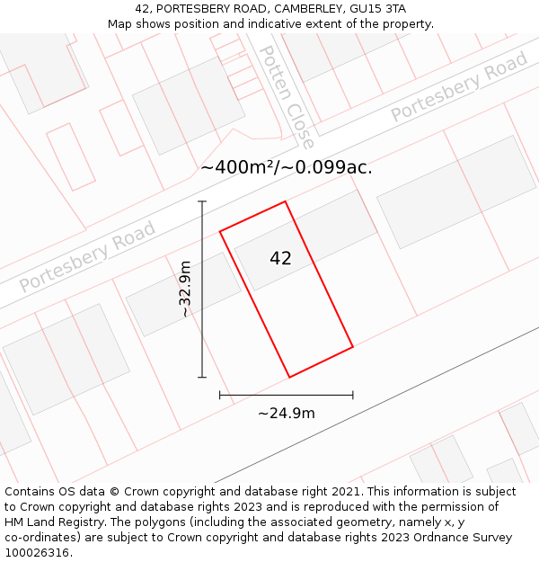42, PORTESBERY ROAD, CAMBERLEY, GU15 3TA: Plot and title map