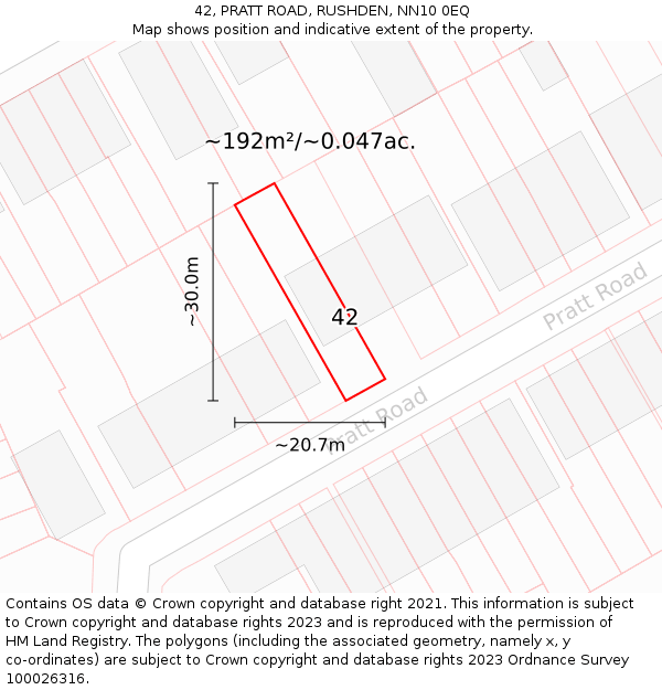 42, PRATT ROAD, RUSHDEN, NN10 0EQ: Plot and title map