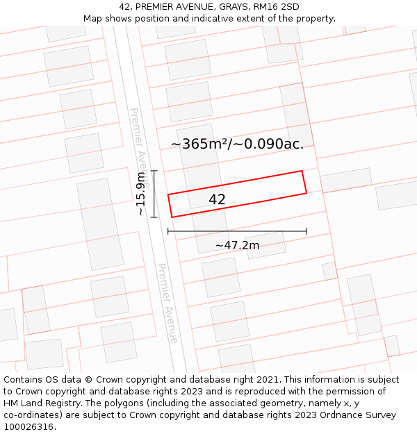 42, PREMIER AVENUE, GRAYS, RM16 2SD: Plot and title map