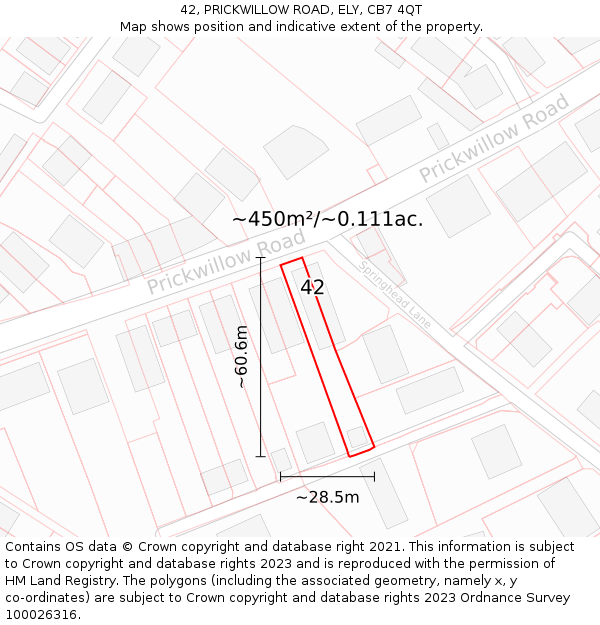 42, PRICKWILLOW ROAD, ELY, CB7 4QT: Plot and title map
