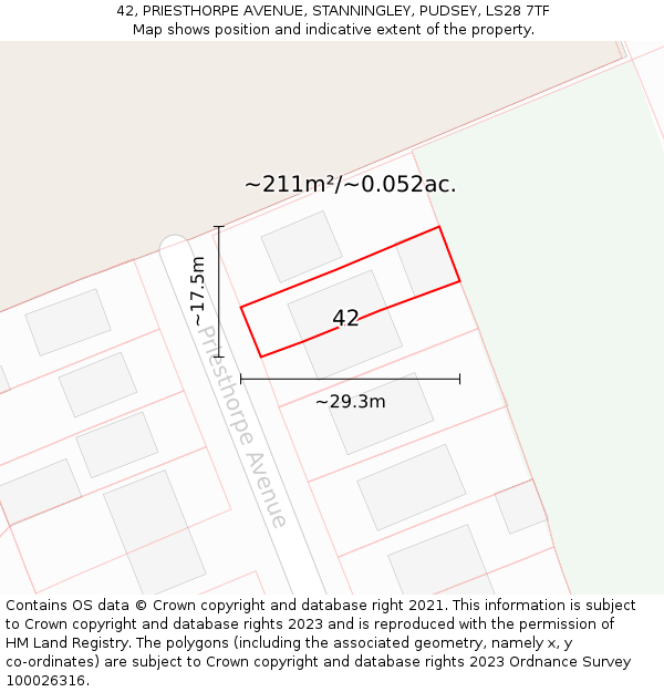 42, PRIESTHORPE AVENUE, STANNINGLEY, PUDSEY, LS28 7TF: Plot and title map