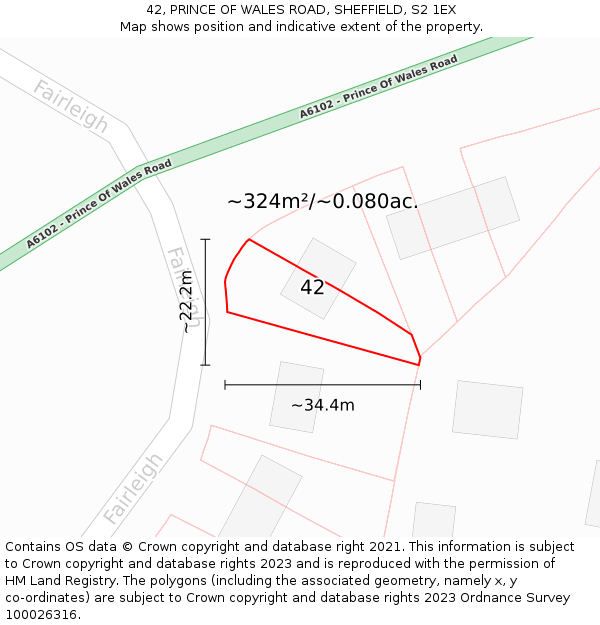 42, PRINCE OF WALES ROAD, SHEFFIELD, S2 1EX: Plot and title map