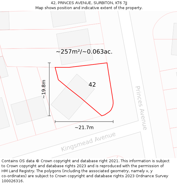 42, PRINCES AVENUE, SURBITON, KT6 7JJ: Plot and title map