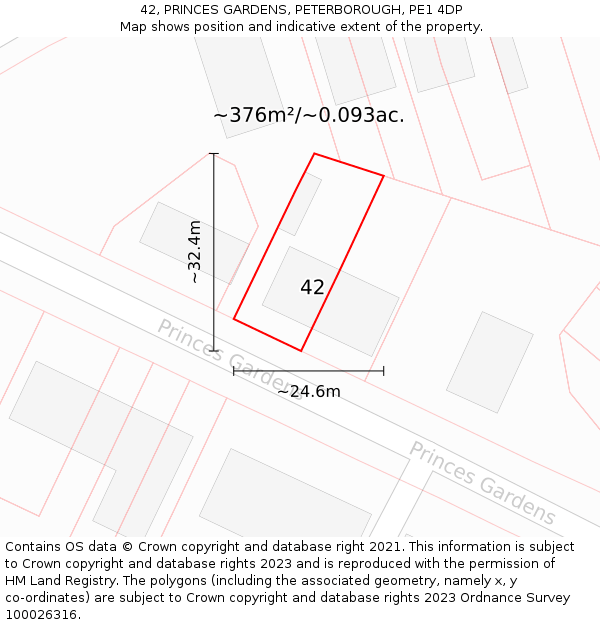 42, PRINCES GARDENS, PETERBOROUGH, PE1 4DP: Plot and title map